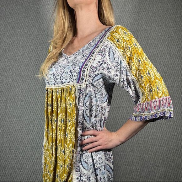 Sundance XS Tunic Purple Gold Flowy Bohemian Print‎ Square Neckline Comfortable - Picture 1 of 15